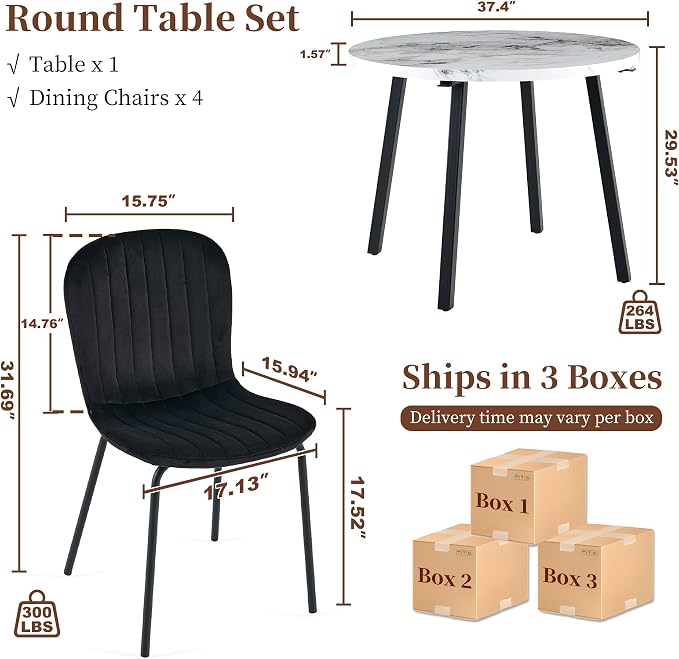 Small Round Dining Table Set for 4 People, 37" Modern Kitchen Table | 5-Piece Set, Faux White Marble MDF table, 4 Black Velvet Chairs, Easy Assembly, Space-saving, Fits Small Dining Room - Image 3