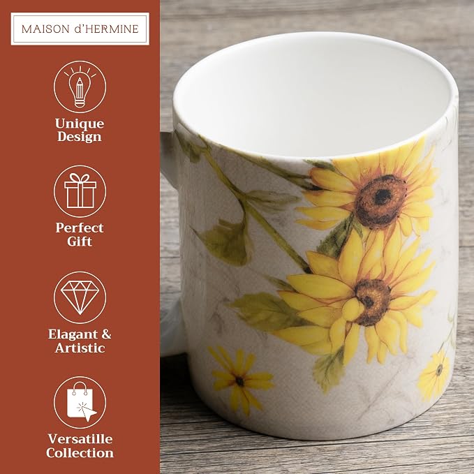 Maison d' Hermine Coffee Mug with Handles Tea Cups (12 Ounce, Pack of 1) | Fine Bone China Coffee Mugs for Hot Beverages Cappuccino Latte Home Restaurant Hotel Spring Summer -Candice - Tournesol - Image 2