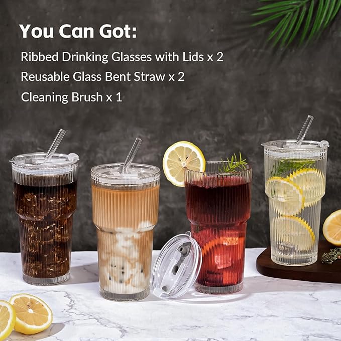 20OZ Ribbed Glass Cups with Lids and Straws,Iced Coffee Cups with Lid,Vintage Glasses Tumbler Glassware for Whiskey Cocktail Beer Juice（4PCS）