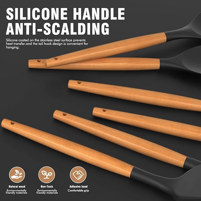Silicone Cooking Utensils Set - AVGPD Silicone Kitchen Utensils for Cooking Wooden Handles, 446°F Heat Resistant Kitchen Utensil Spatula Sets, Gadgets for Non-Stick Cookware BPA FREE (Black) - Image 2