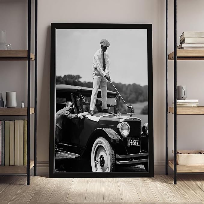 UXCBIA Vintage Golfer Teeing on Car, Black And White, Sports Bar Wall Decor, Funny for Men Poster Canvas Poster Bedroom Decor Sports Landscape Office Room Decor Gift Black Frame 24x36in(60x90cm) - Image 4