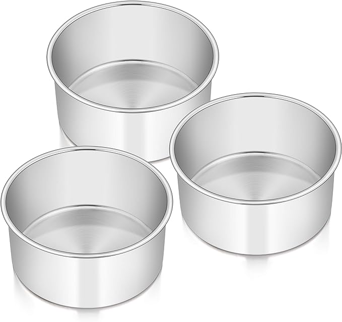 E-far Cake Pans Set of 3, 6 x 3 Inch Stainless Steel Round Cake Baking Pans Tins for Wedding Birthday, Deep Side & Non-toxic, Oven & Dishwasher Safe, Mirror Finish & Straight Side by E-far