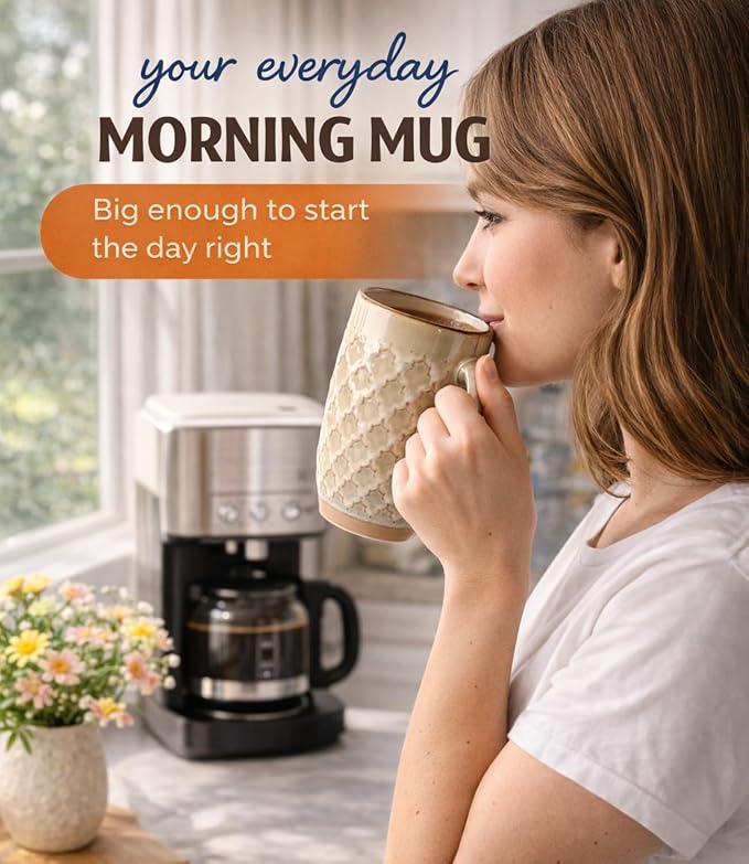 GBhome 20oz Large Coffee Mugs Set of 6, Handmade Tall Ceramic Coffee Mugs with Texture Patterns for Cappuccino, Latte,Hot Cocoa, Dishwasher & Microwave Safe-Pale Khaki - Image 5