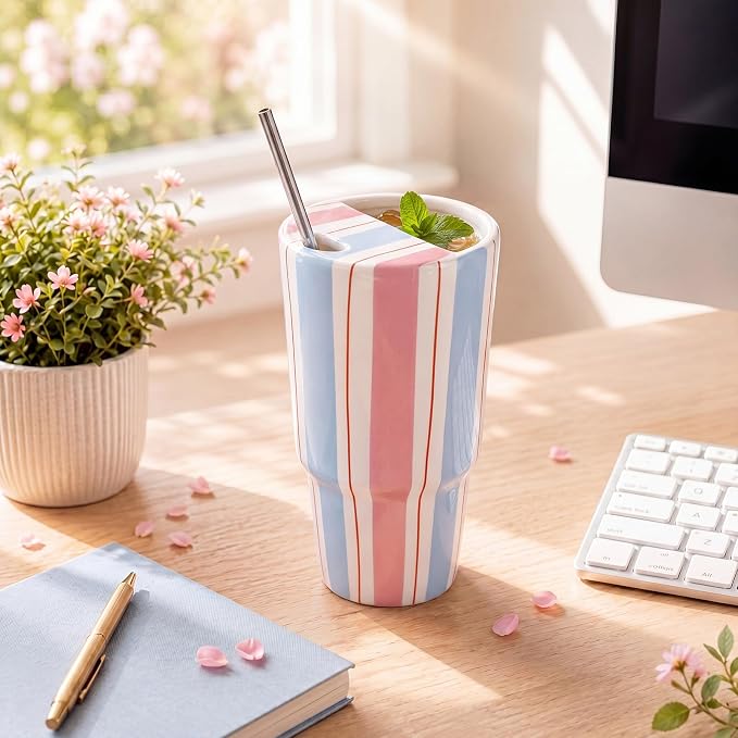 Large Ceramic Coffee Mug with Sip Hole 20 oz Pastel Striped Travel Cup with Straw and Cleaning Brush Coffee Espresso Latte Tea Cup for Kitchen Dining Birthday Gift - Image 4