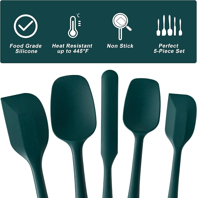 Silicone Spatula Set,5 Piece Food Grade Rubber Spatulas,Dark Green | Spatulas Silicone Heat Resistant for Baking,Cooking,and Mixing High Heat Resistant Non Stick Dishwasher Safe BPA-Free - Image 3
