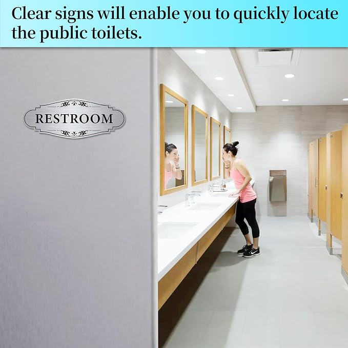 Restroom Sign Sticker for Business & Home, Self-Adhesive Brushed Silver Elegant Bathroom Signs for Door, Durable & Waterproof Unisex Restroom Signage for House Toilet, Office, Store, Shop - Image 5