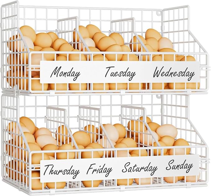 keomaisyto Fresh Egg Holder with 5 Dividers to Separate Eggs for a Week, 2 Tier Stackable Wire Baskets for Gathering Eggs, XXL Egg Rack for Countertop/Wall-Mounted, With DIY Labels, White by keomaisyto