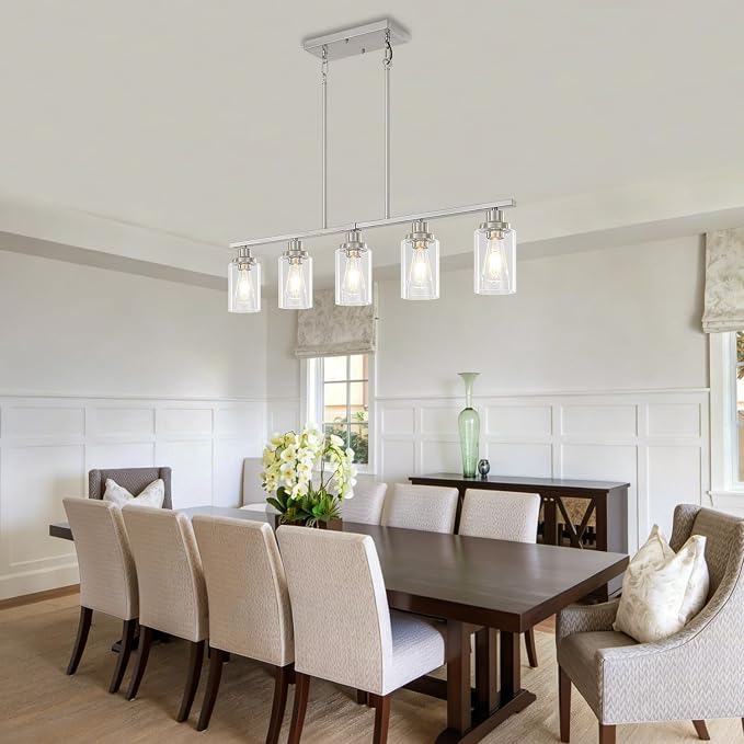 Brushed Nickel Linear Chandelier Over Table, Dining Room Light Fixtures | 5-Light Kitchen Island Lighting, 37'' Modern Island Lights for Kitchen with Clear Glass Shade, Adjustable Height - Image 6
