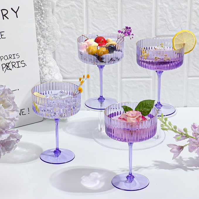 12 PCS Ribbed Coupe Glasses Purple Plastic Champagne Coupe Cup 10oz Detachable Gold Rim Espresso Martini Glass Vintage Margarita Glassware Cocktail Glass Disposable for Halloween Bridal Showers - Image 3
