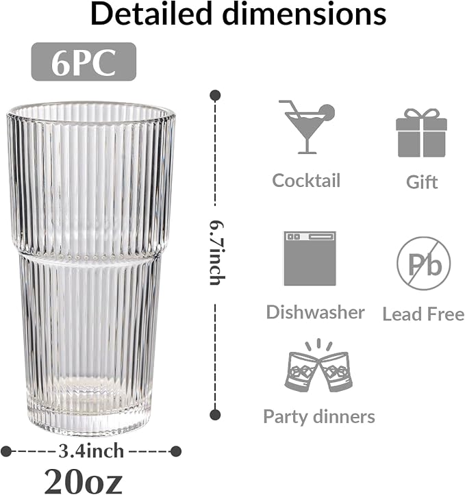 Set of 6 Oversize Ribbed Glassware, 20oz Vintage Clear Glass Tumbler, Large capacity, Origami Style, Fluted Design, Ideal for Water, Iced Coffee, Beer, Tea, Latte, Housewarming Gift (Large) - Image 3
