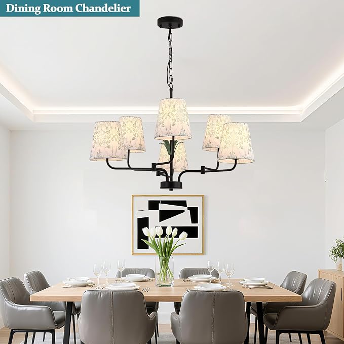 Black Chandeliers with White Fabric Shade, Farmhouse Green Plants Chandelier for Dining Room, Linear Island Lighting Fixture for Kitchen, Industrial, Foyer, Entryway, Living Room,Nature - Image 6