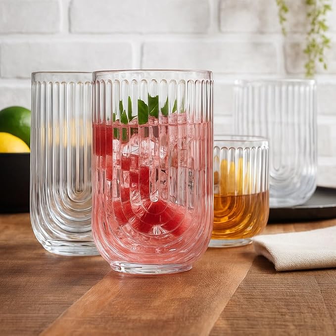 Glaver's 16-Piece Drinking Glass Set, Art Deco Ribbed Arch Design, Clear U-Shape Glassware, 17oz Highball and 11oz DOF Glasses - Image 6