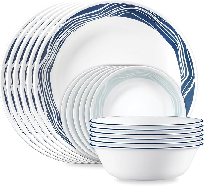 Corelle Vitrelle 18 Piece Glass Dinnerware Sets Service for 6, Triple Layer Chip & Crack Resistant Glass Plate and Bowl Sets, Acadia by Corelle