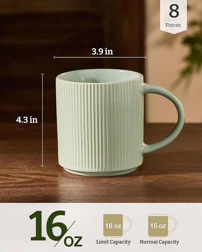 famiware Coffee Mug Set for 8, Star 16 oz Catering Mugs Cup Set with Handle for Coffee, Tea, Cocoa, Milk - Ceramic Stoneware Drinkware Set, Matte Green - Image 5