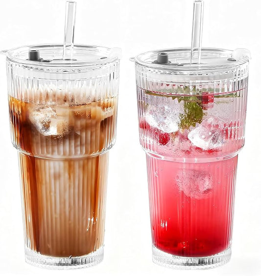 20oz Glass Cups with Lids and Straws, Premium Thick Ribbed Drinking Glass Tumbler Set for Iced Coffee, Smoothies, Cocktails, Beer and Juice, Clear, 2 Pack