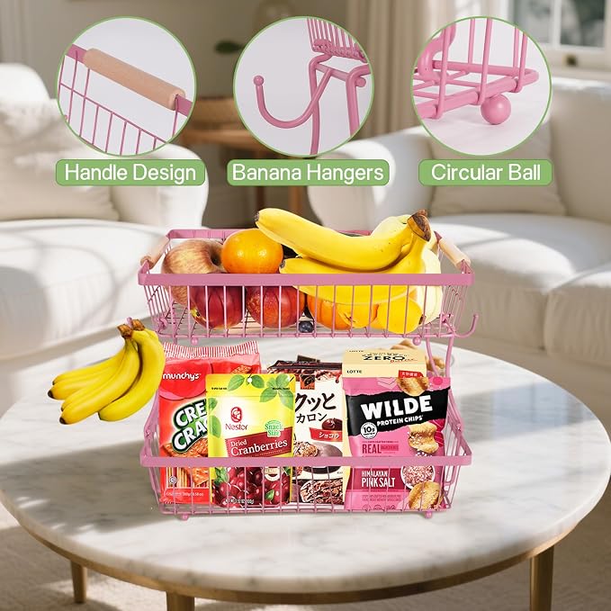 Fruit Basket Bowl 2 Tier Detachable with 2 Banana Hangers, Fruit Stand Holder for Kitchen Countertop, Metal Wire Vegetable Storage Organizer, for Bread Snack Veggies Produce, pink - Image 6