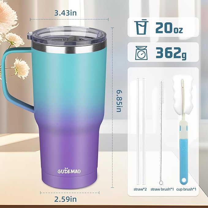 20 oz Insulated Coffee Mug with Ceramic Coating, Stainless Steel Travel Mug Tumbler with Handle Lid and Straw, Double Wall Leak-Proof Coffee Travel Mug Keeps Drink Hot and Cold (Azure Purple) - Image 2
