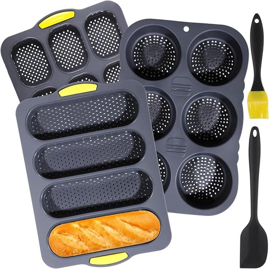 OMISTAR Silicone Hamburger Bun Mold Set of 5-4 6 9 Cup Silicone Hamburger Bun and Baguette Pan with Scraper and Oil Brush,Nonstick Baking Tray Bread Pans for Homemade Bread Loaf Sandwich