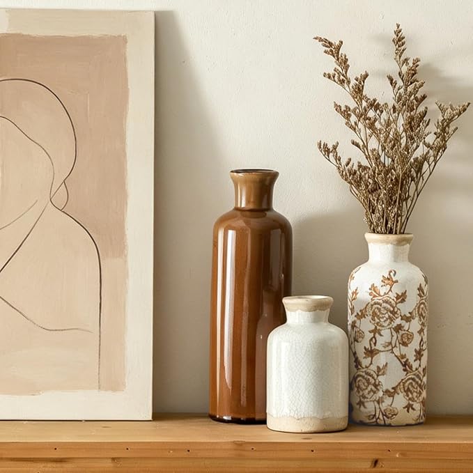 Vintage Vase Set of 3, Ceramic Vintage Flower Vases, Chinoiserie Decorative Home Decor Retro Floral Vase Rustic Farmhouse Decor for Table Bookshelf Mantel Kitchen Living Room Office - Brown - Image 6