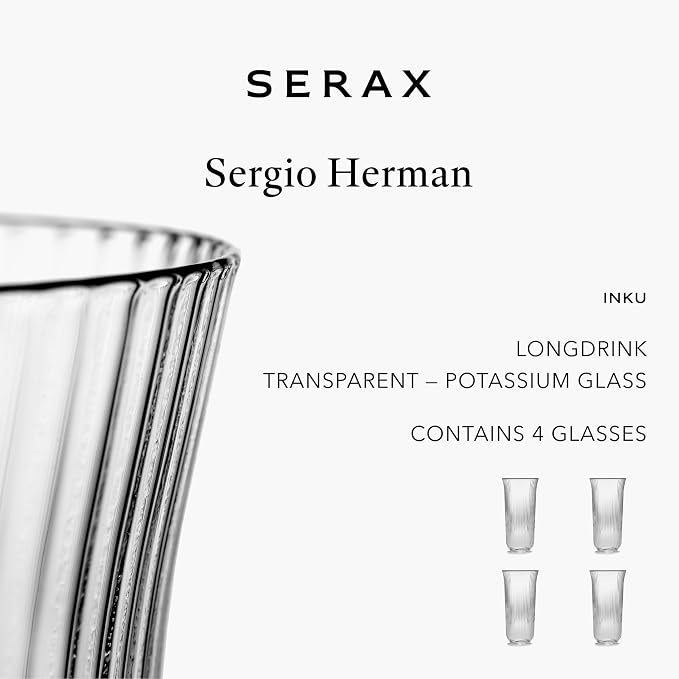 Serax Longdrink Drinking Glasses Set of 4 | Inku Glassware by Sergio Herman | Clear Ribbed Water Glass Cups without Lids | Home Essentials, Kitchen Set | Beer, Juice | Coffee Accessories - Image 4
