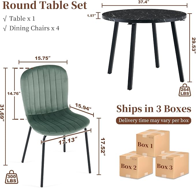 Small Round Dining Table Set for 4 People, 37" Modern Kitchen Table | 5-Piece Set, Faux Black Marble MDF table, 4 Green Velvet Chairs, Easy Assembly, Space-saving, Fits Small Dining Room - Image 3
