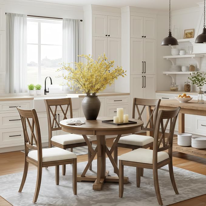 HULALA HOME Dining Chairs Set of 4, Rustic Solid Wood Kitchen Chairs with Cross Backrest and Legs, Upholstered Dinner Chairs for Dining Living Room, Walnut by HULALAHOME