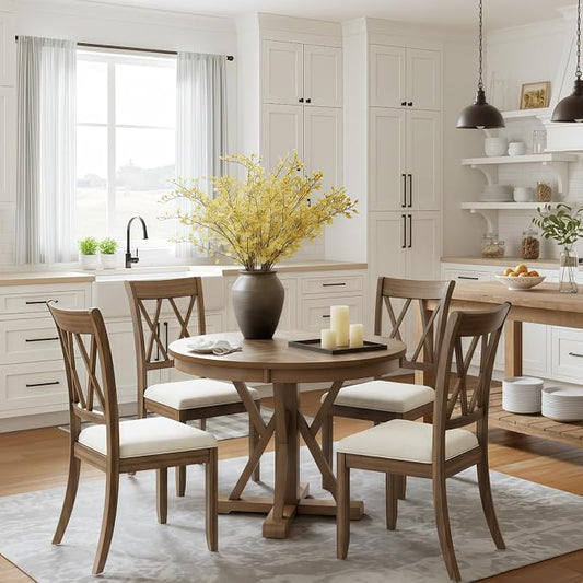 HULALA HOME Dining Chairs Set of 4, Rustic Solid Wood Kitchen Chairs with Cross Backrest and Legs, Upholstered Dinner Chairs for Dining Living Room, Walnut by HULALAHOME