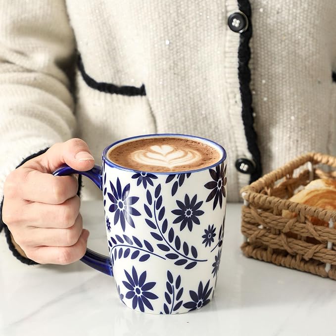 HASENSE Coffee Mugs Set of 6, 16OZ Ceramic Coffee Mugs with Blue and White Floral Patterns, Elegant Large Coffee Cups for Coffee, Tea, Latte & Cappuccino, Microwave & Dishwasher Safe, Vintage Blue - Image 6