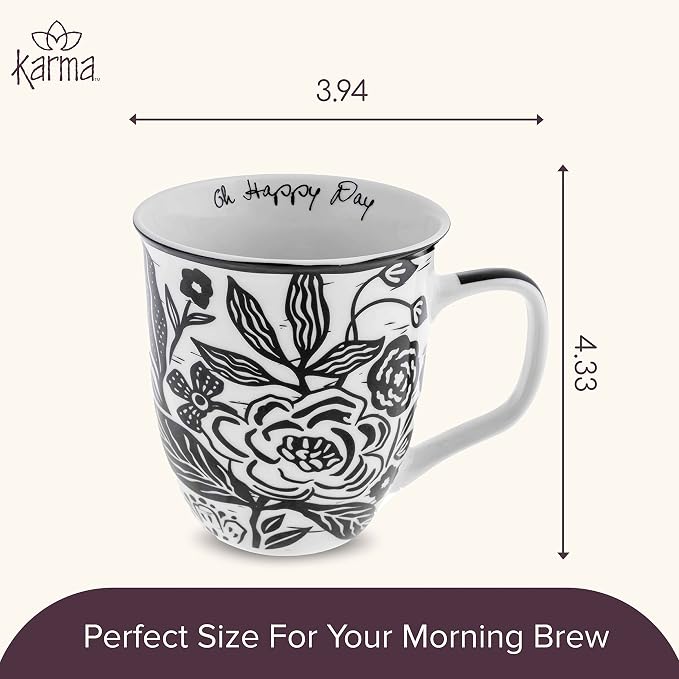 Karma Gifts 16 oz Black and White Boho Mug Floral - Cute Coffee and Tea Mug - Ceramic Coffee Mugs for Women and Men, 4.25" x 3.7" - Image 5