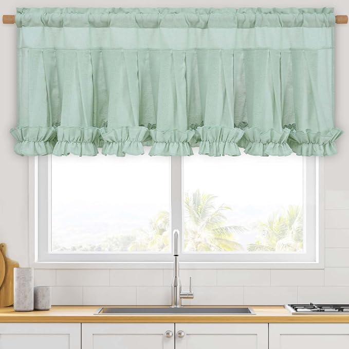 Likiyol Linen Valances for Windows Farmhouse Window Valances with Ruffle Rustic Country Light Filtering Kitchen Valance Curtains Rod Pocket Valance for Bathroom Cafe, Mint Green, 52" W X 18" L - Image 3