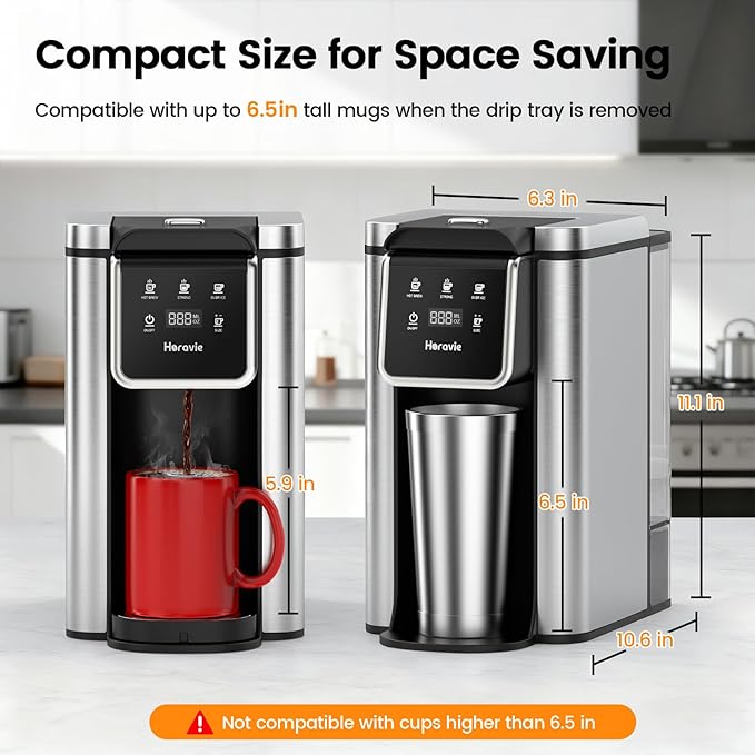 Horavie Single Serve Coffee Maker for K-Cup Pod & Grounds, Hot & Iced Coffee Maker, Strong Button Feature, 6 to 14oz Brew Sizes, 50oz Removable Reservoir, Fit 6.5" Mugs, Stainless Steel, Black - Image 7