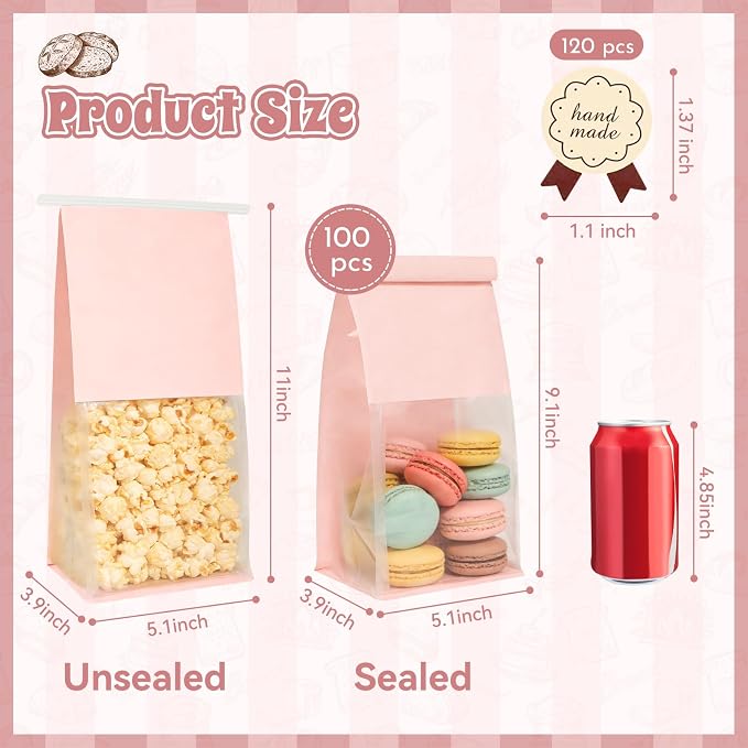 100 Bakery Bags with Window, 5.1x3.9x11 Inches Paper Bread Bags, Tin Tie Tab Lock Cookie Bags Food Storage Bag for Snacks, Popcorn, Candies, 120 pcs Stickers Included (100, Medium) - Image 2