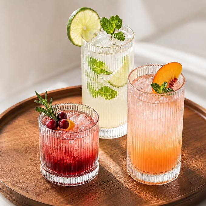 KEMORELA Ribbed Glassware Set of 8—4 Large Capacity Highball Glasses 16oz, 4 Rocks Glass Cups 13oz, Cocktail Glasses, Drinking Glasses Ideal for Beer, Juice, Ice Coffee Cup, Whiskey, Mixed Drinkware - Image 3