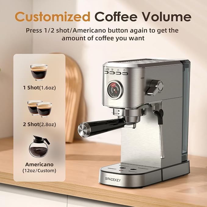 Spacekey Espresso Machine with Milk Frother, 20 Bar Compact Expresso Coffee Machines for Home, Stainless Steel Espresso Maker with 39oz Removable Water Tank for Cappuccino Latte, Fast Heating, Silver - Image 5
