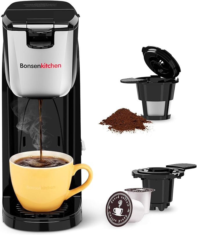 Bonsenkitchen Single Serve Coffee Maker, 6-14 oz Brew Sizes, Brewing | Travel Mugs Friendly, Compact Portable Coffee Machine for Small Spaces, Ideal for Kitchen by Bonsenkitchen