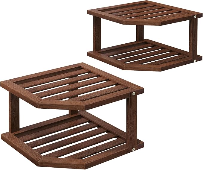 VERTORGAN 2 Tier Bamboo Dish Drying Rack,Corner Shelf 2 Pack(Brown) | Pantry Storage,Dish Rack,Spice Rack,Corner Organizer,Kitchen Counter Shelves,Kitchen Storage,Holds Plates by VERTORGAN