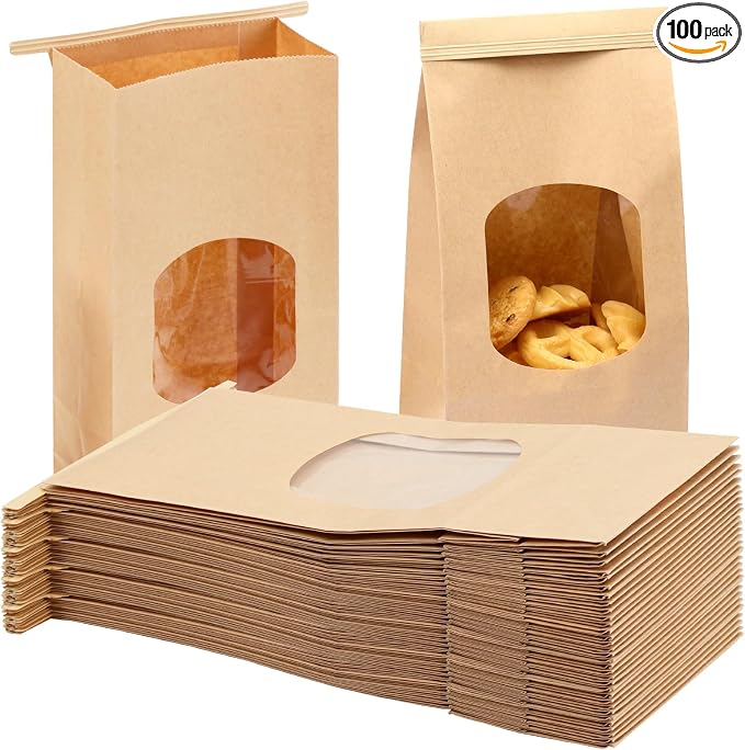 Moretoes 100pcs Medium Bakery Cookie Bags with Window, 4.5x2.36x9.6In | Brown Kraft Paper Cookie Bags with Seal, Seal by Tin Tie Tab, for Cookie Coffee Bread Pastry Bakery Gift Giving Packing by Moretoes