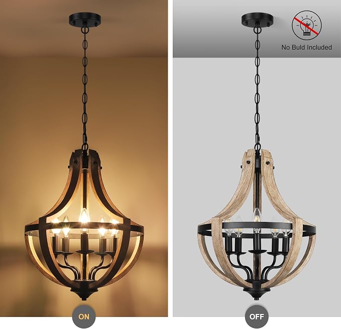 5-Light Farmhouse Wood Chandeliers for Dining Room, Adjustable Height Hanging Rustic Geometric Light Fixture for Kitchen Island Foyer Entryway Living Room - Image 5