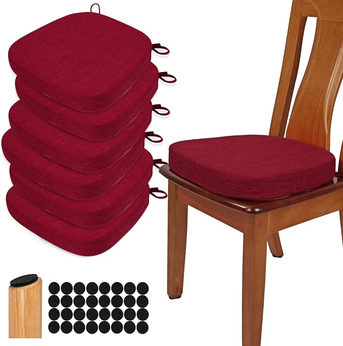 BUYUE Thickened 2.5" Dining Chair Cushions Set of 6, U-Shape High Density Foam Comfortable Chair Pads for Kitchen, Slip Resistant Indoor Seat Cushions (6 PCS, Red) by BUYUE