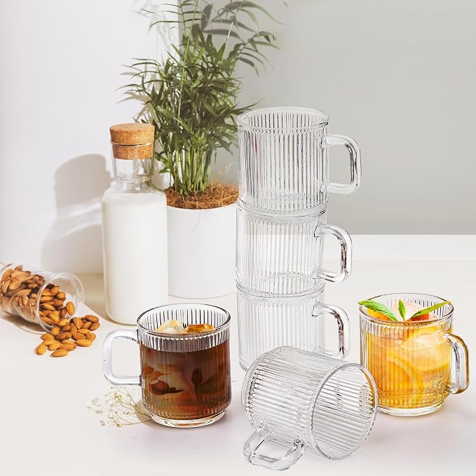 Noamus 6 Pack Premium Glass Coffee Mugs with Handle, 12 Oz Classic Vertical Stripes Glass Tea Cups, Transparent Ribbed Beverage Mugs, Clear Vintage Glassware Set for Hot Cold Americano, Cappuccino - Image 5