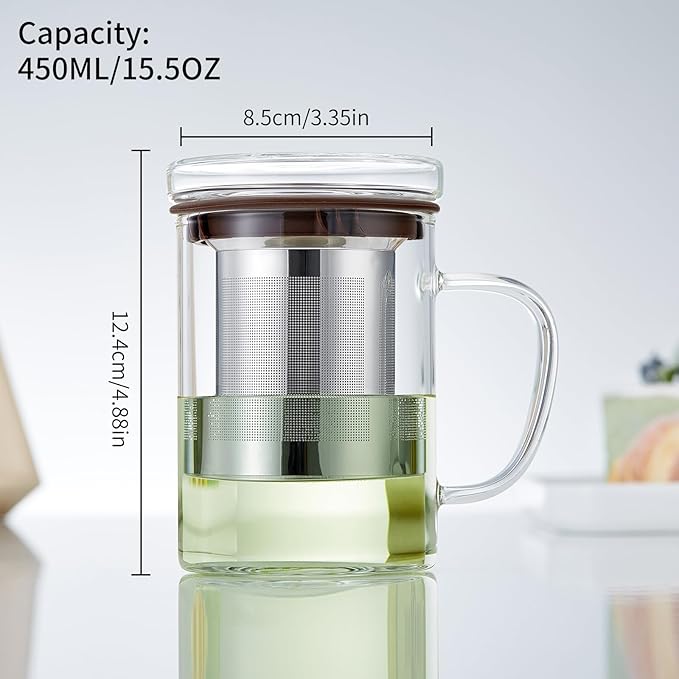 Glass Tea Cup with Infuser and Lid, 400ml Large Borosilicate Teacup, Clear Mug for Loose Leaf Tea, Blooming Tea, Tea Bags - Perfect Christmas or Birthday Gift for Women