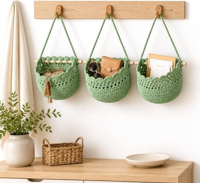 Honeydak Boho Decor Hanging Wall Baskets for Kitchen 3 Pack Teardrop Baskets with Hooks Storage Fruit Onion Vegetable Potato for Home(Sage Green,Lace,Cotton Rope) - Image 7