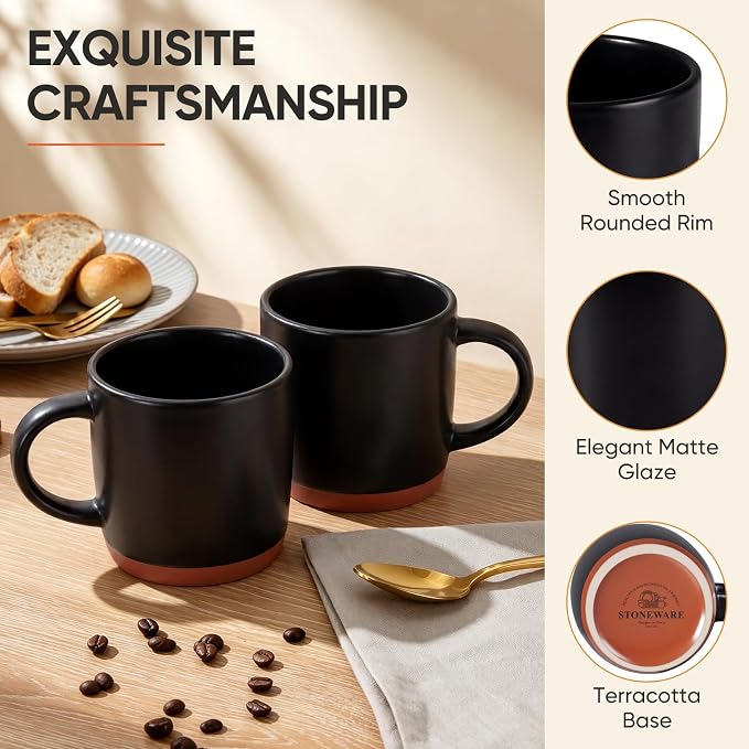 E-far Ceramic Coffee Mug Set of 6, 12oz Stoneware Coffee Cup with Handle, Porcelain Tea Cups, Modern Farmhouse Latte Mug Gift Set for Women & Men, Microwave Safe, Matte Black - Image 3