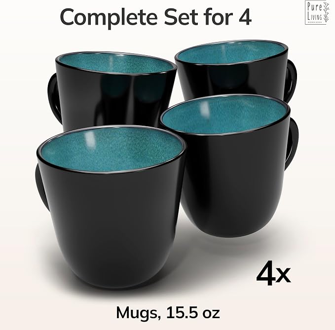 Large Stoneware Coffee Mugs Set of 4, 15.6 oz Coffee Cups with Reactive Glaze, Lead-Free, Dishwasher & Microwave Safe, Stain Resistant for Cocoa, Latte, Cappuccino & Tea, Petrol Blue - Image 3