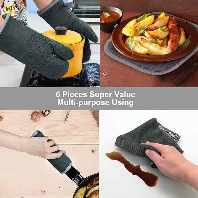 KEGOUU Oven Mitts and Pot Holders 6pcs Set, Kitchen Oven Glove High Heat Resistant 500 Degree Extra Long Oven Mitts and Potholder with Non-Slip Silicone Surface for Cooking (Deep Green) - Image 7