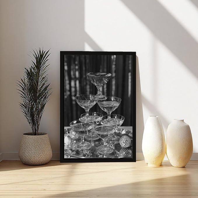 UXCBIA Stacked Champagne Glasses With Mirror Balls, Black And White, Wine Glasses Poster Canvas Poster Bedroom Decor Sports Landscape Office Room Decor Gift Black Frame 24x36in(60x90cm) - Image 6