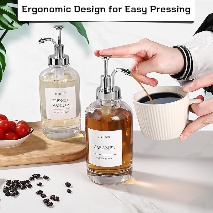 Coffee Bar Accessories,MHDCLY Coffee Syrup Dispenser - 4pack,16.9oz Syrup Dispenser with Labels ，Syrup Pump Dispenser for Coffee Bar(Silver pump)