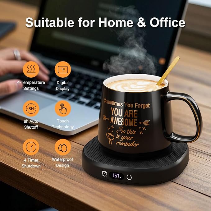 Coffee Mug Warmer & You are Awesome Mug Set, Electric Cup Warmer with Auto Shut Off, 4 Temperature Setting Smart Beverage Warmer, 8-Hours Auto Shut Off (Black Awesome Mug) - Image 2
