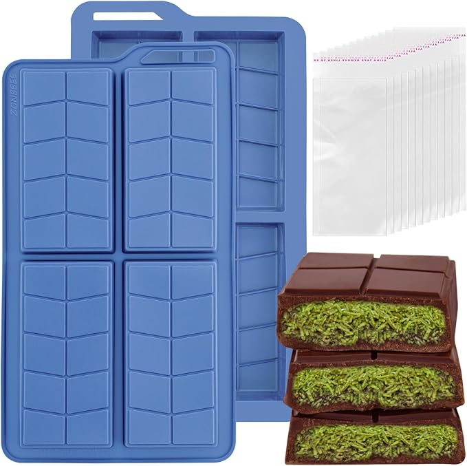 Dubai Silicone Chocolate Bar Mold,0.82inch Deep Chocolate Candy Molds for Filling Thick Pistachio Chocolate-Includes 100pcs Bags by ZONBBEE