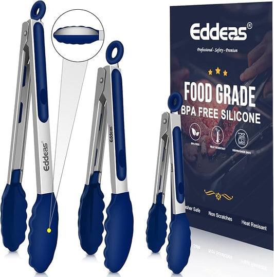 Tongs For Cooking - Kitchen Tong with Silicone Tip 7", 9", 12" Blue | 600°F Heat Resistant Silicone Tong, All Metal handle Locking Tongs with Silicone Tips, Heavy Duty Stainless steel by Eddeas